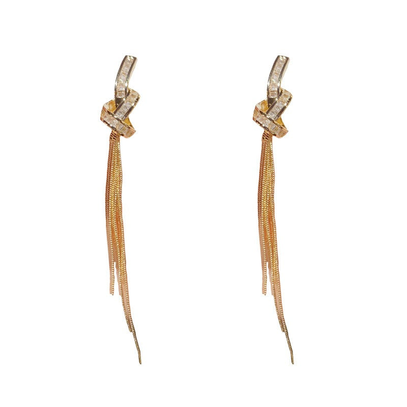 S925 Silver Baguette Knot Tassel Earrings Long Metal Chain Drop Earrings