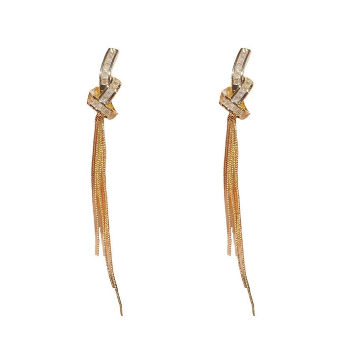 S925 Silver Baguette Knot Tassel Earrings Long Metal Chain Drop Earrings