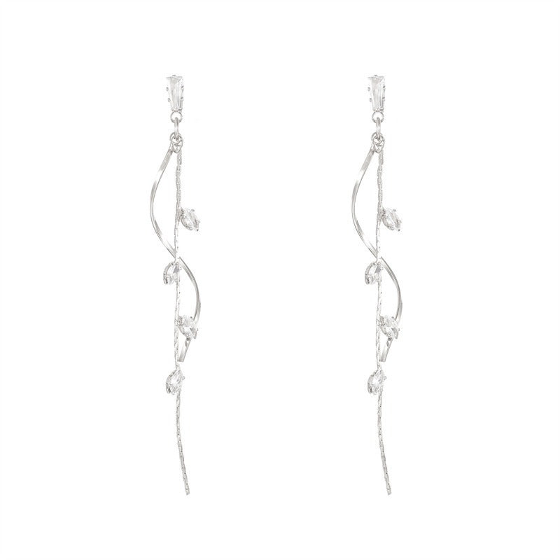 S925 Silver Vine Leaf Tassel Threader Earrings Ethereal Marquise CZ Long Drop Earrings