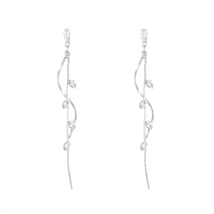 S925 Silver Vine Leaf Tassel Threader Earrings Ethereal Marquise CZ Long Drop Earrings