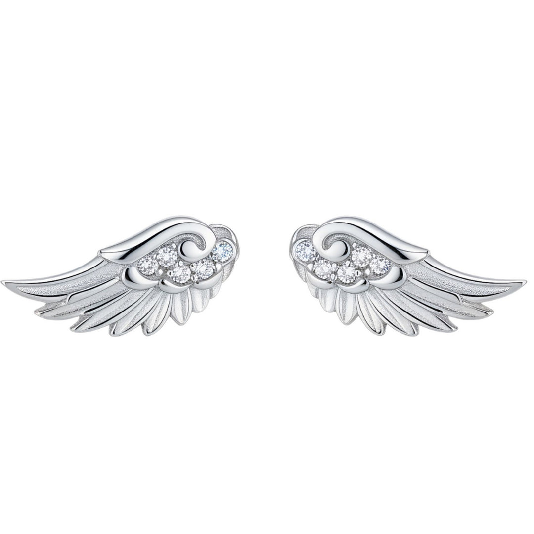 S925 Silver Angel Wing Stud Earrings 18K Gold Plated CZ Guardian Wings