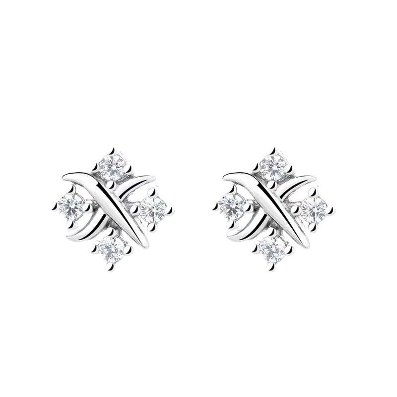 S925 Silver Criss-Cross Ribbon Four-Stone Stud Earrings Minimalist Geometric CZ Dainty Earrings