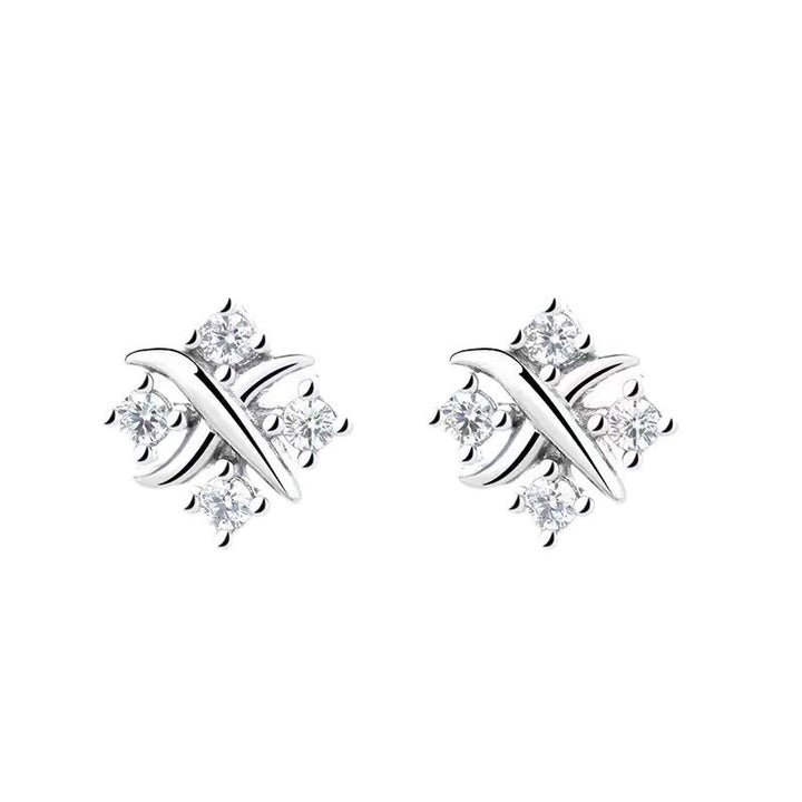 S925 Silver Criss-Cross Ribbon Four-Stone Stud Earrings Minimalist Geometric CZ Dainty Earrings