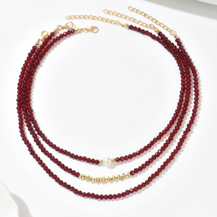 Vintage Garnet Red Beaded Pearl Necklace Set