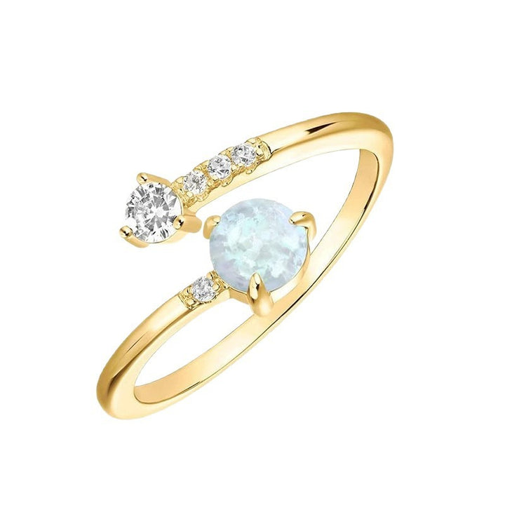 S925 Sterling Silver Iridescent Opal & Solitaire Asymmetrical Open Ring