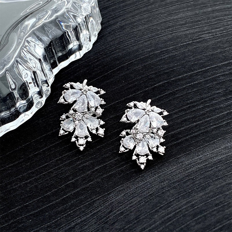 S925 Silver Maple Leaf CZ Stud Earrings