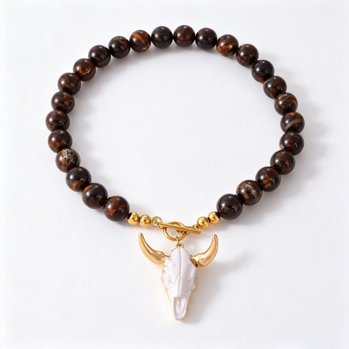 Vintage Western Cow Skull Beaded Necklace | Boho Tiger's Eye Chunky Statement Chain