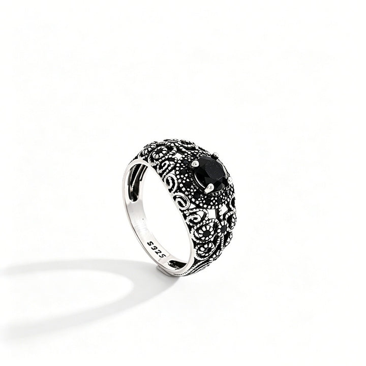 Dark Guardian · S925 Sterling Silver Vintage Carved Obsidian Ring