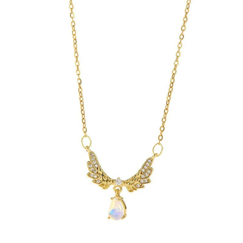 S925 Silver Angel Wings Moonstone Necklace Romantic Iridescent Drop Clavicle Chain