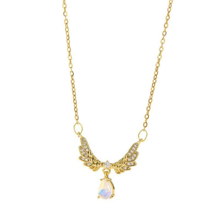S925 Silver Angel Wings Moonstone Necklace Romantic Iridescent Drop Clavicle Chain