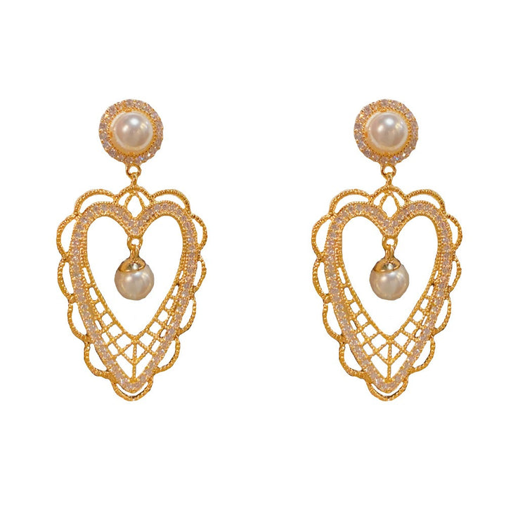 18K Gold & Silver Plated CZ Vintage Lace Heart Pearl Drop Earrings