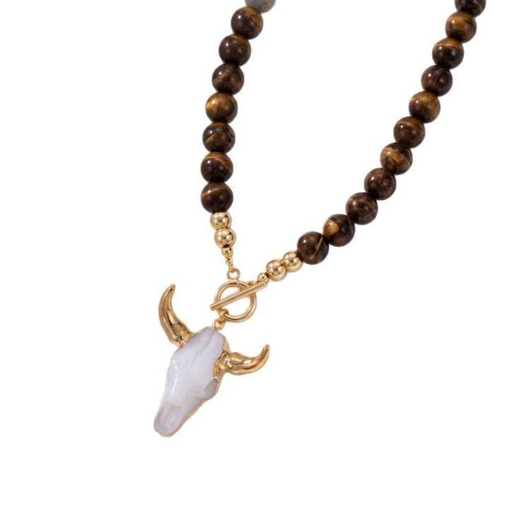 Vintage Western Cow Skull Beaded Necklace | Boho Tiger's Eye Chunky Statement Chain