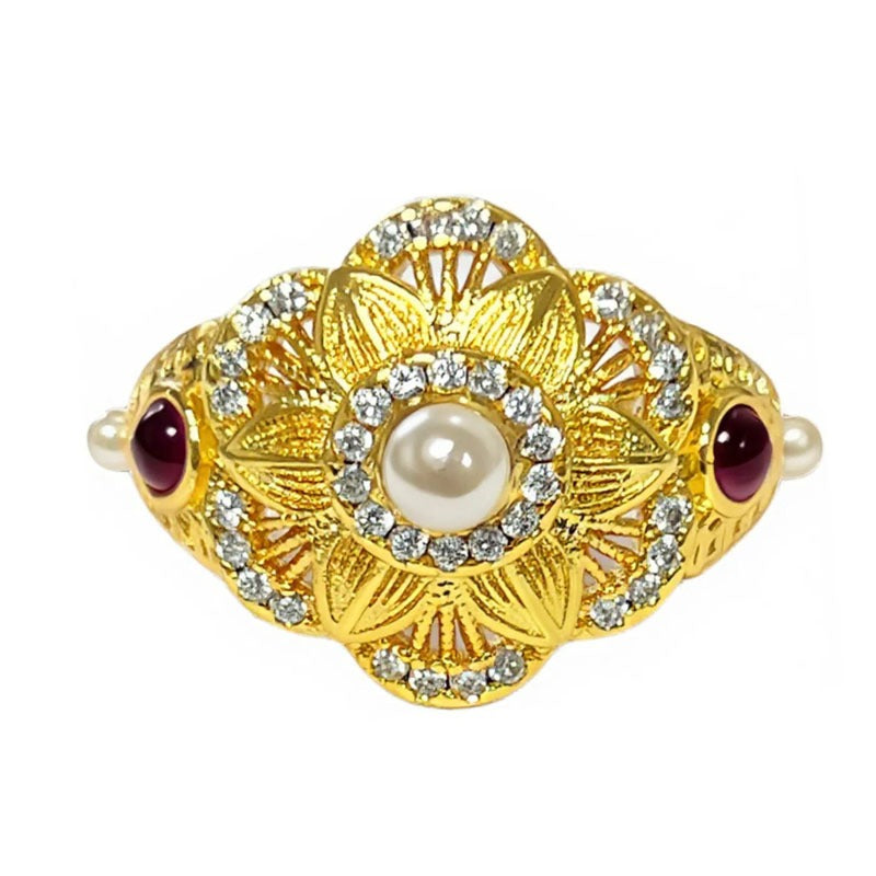 Vintage 18K Gold Plated Pearl & Ruby Floral Open Ring