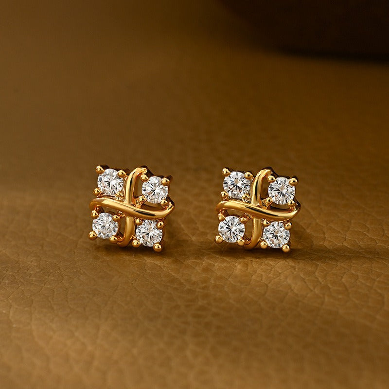 S925 Silver Criss-Cross Ribbon Four-Stone Stud Earrings Minimalist Geometric CZ Dainty Earrings
