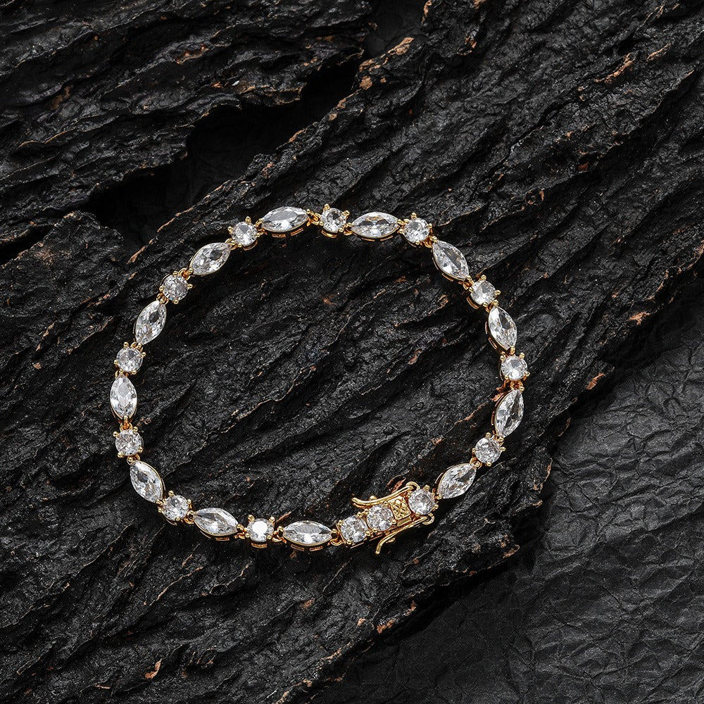 Celestial Sparkle S925 Silver 14K Gold Plated Alternating Marquise Round Moissanite Bracelet