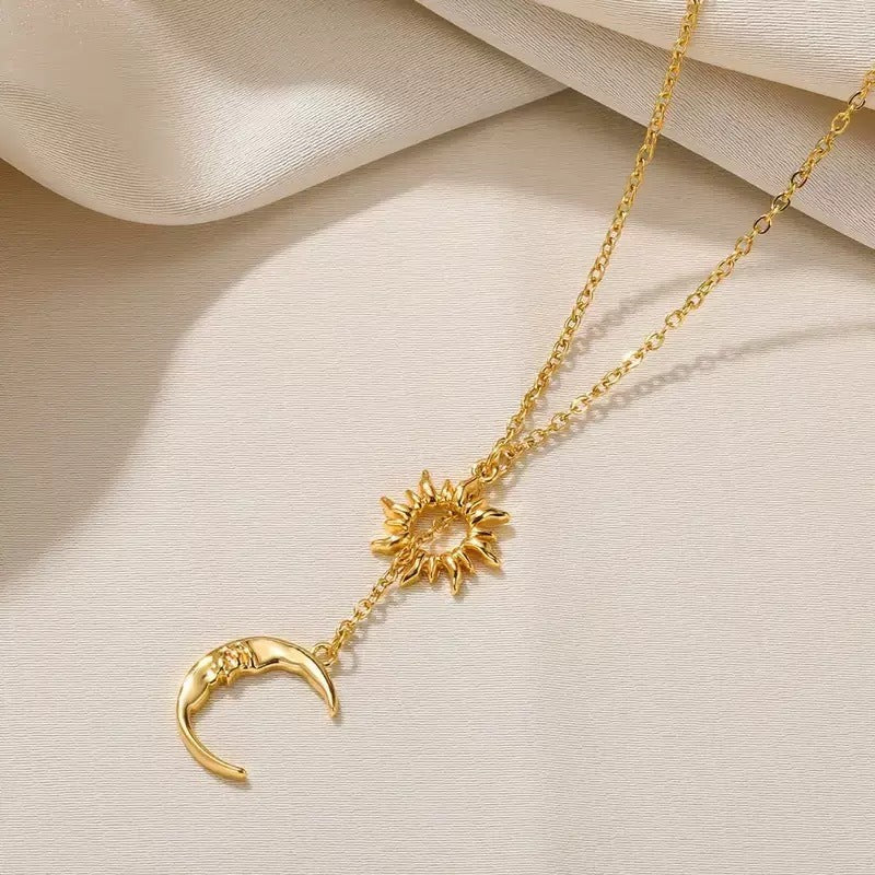 14K Gold Plated Lariat Sun Moon Necklace