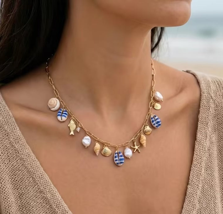 Boho Chunky Paperclip Chain Ocean Charm Necklace