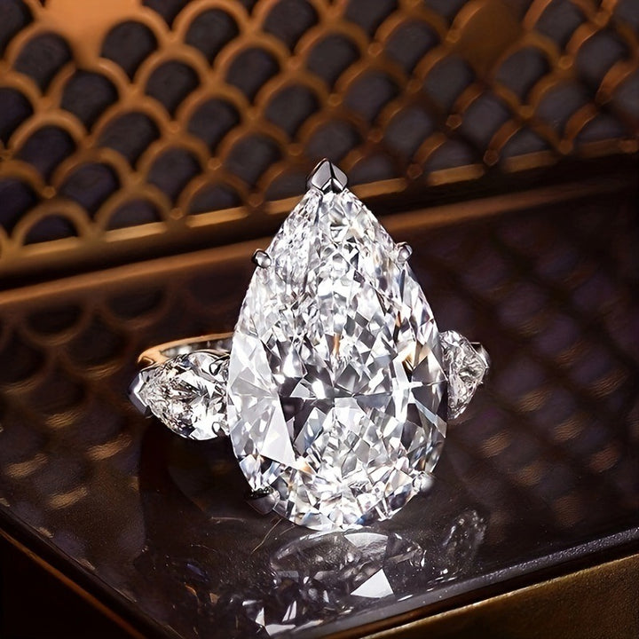 18K White Gold Plated Three-Stone Pear Cut Ring