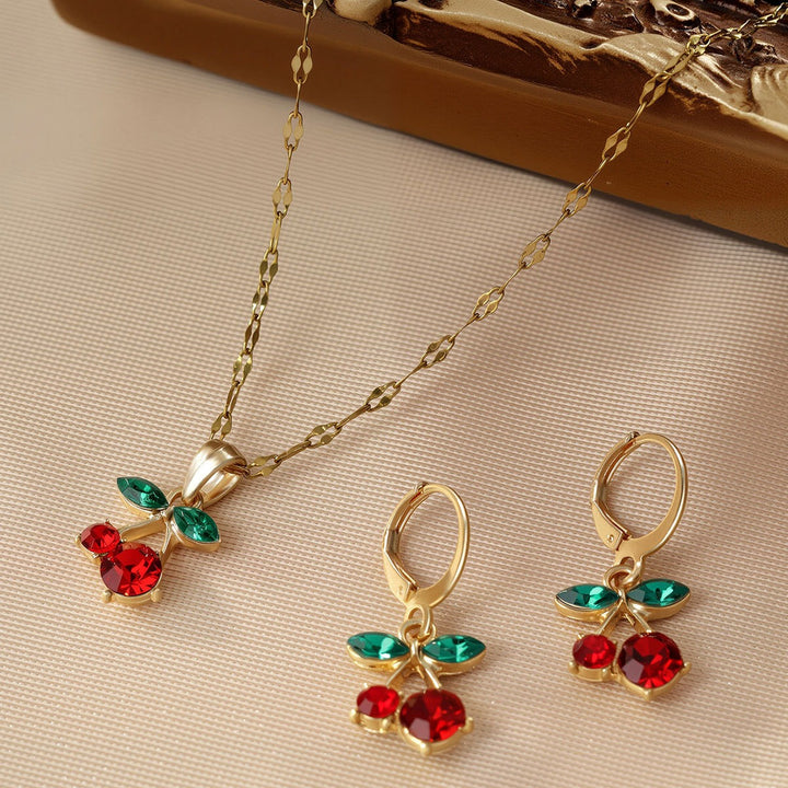 S925 Silver Gold-Plated Cherry Charm Necklace Earrings Set