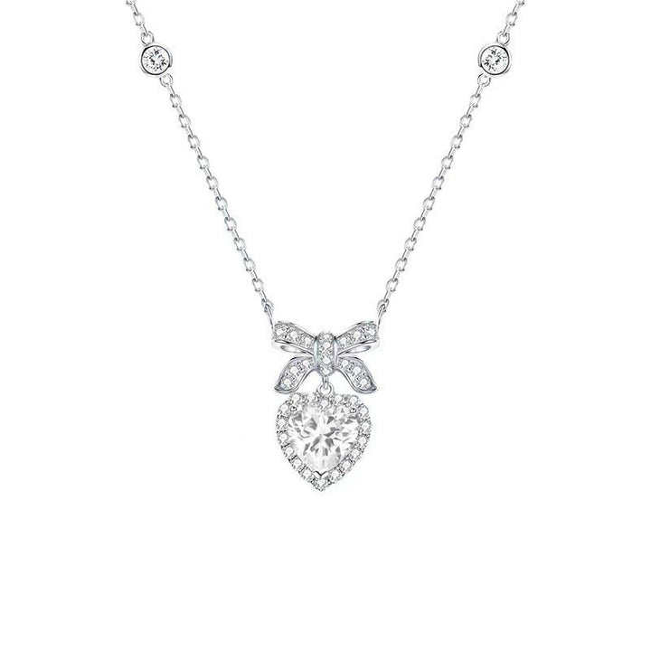 S925 Sterling Silver Pavé Bow Heart Pendant Necklace