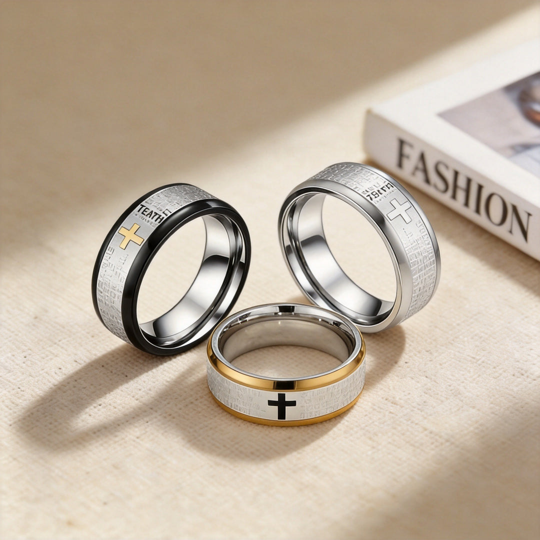 Stainless Steel Two-Tone Lord's Prayer Cross Wide Band Ring