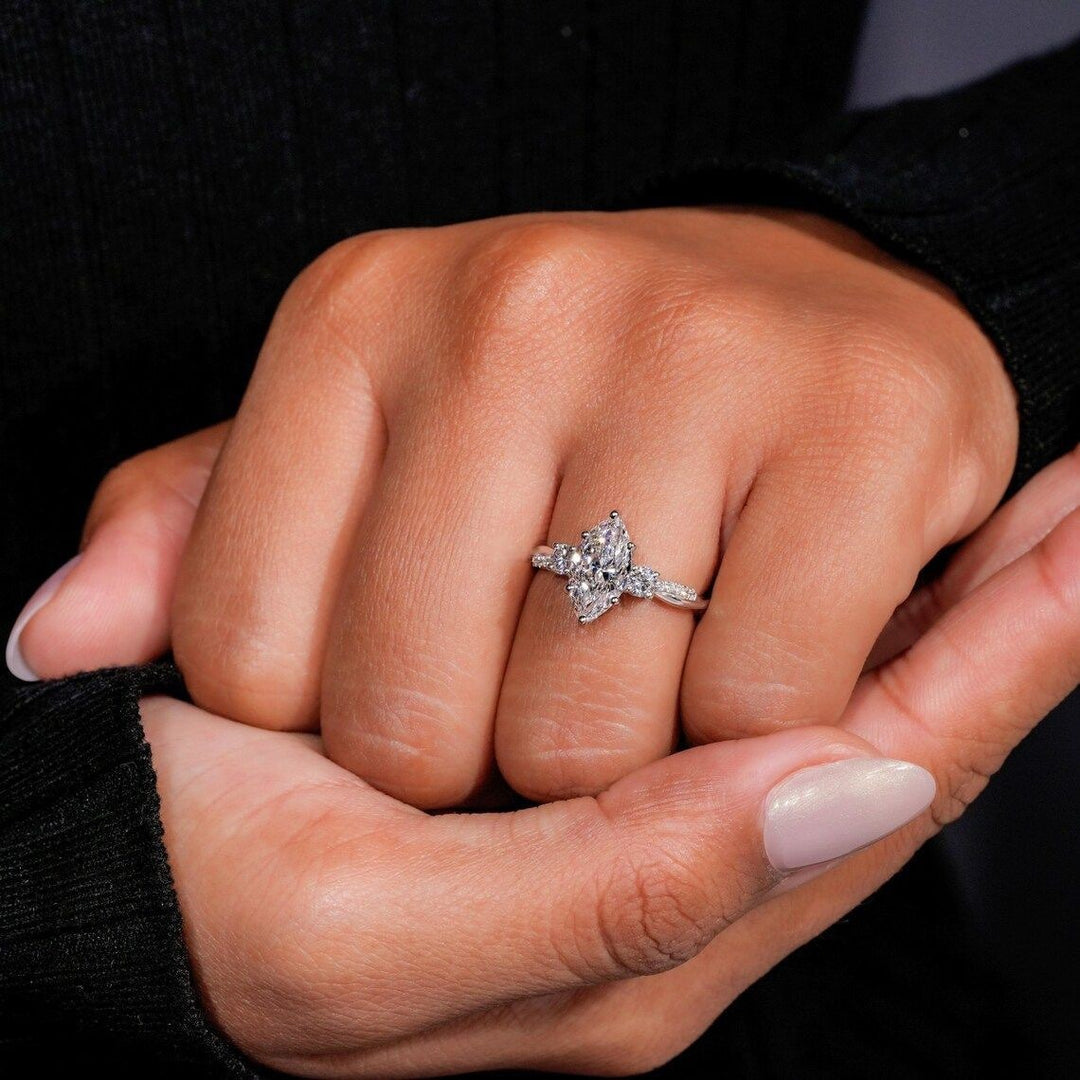 S925 Sterling Silver Marquise-Cut Three-Stone Pavé Ring
