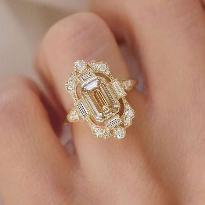 Vintage Art Deco · 14K Gold Plated Emerald-Cut Halo Ring