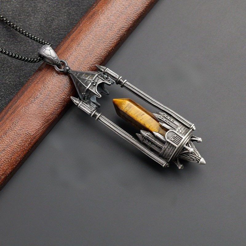 Gothic Boundary Guardian Natural Crystal Point Castle Pendant Necklace