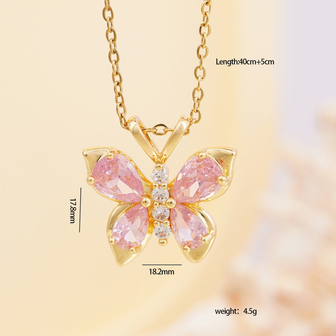 14K Gold Pink Butterfly Pendant Necklace
