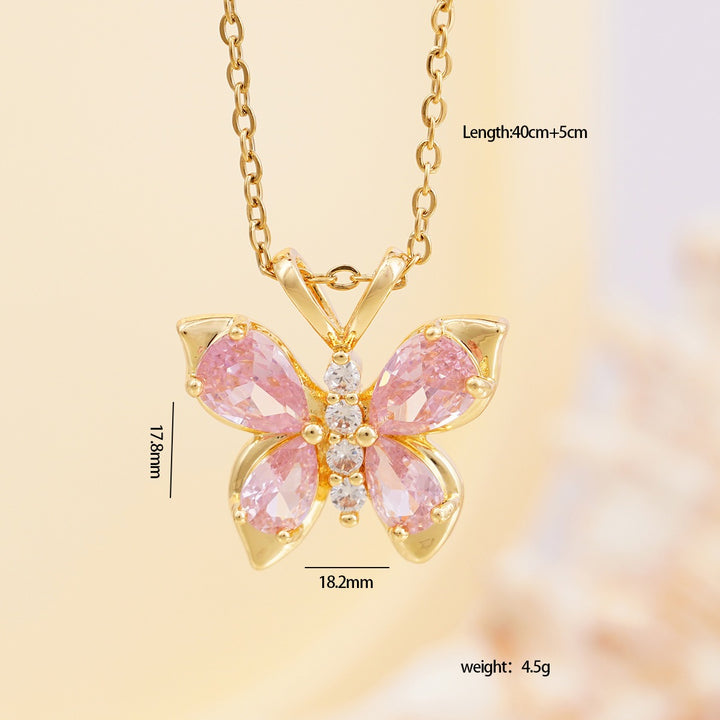 14K Gold Pink Butterfly Pendant Necklace