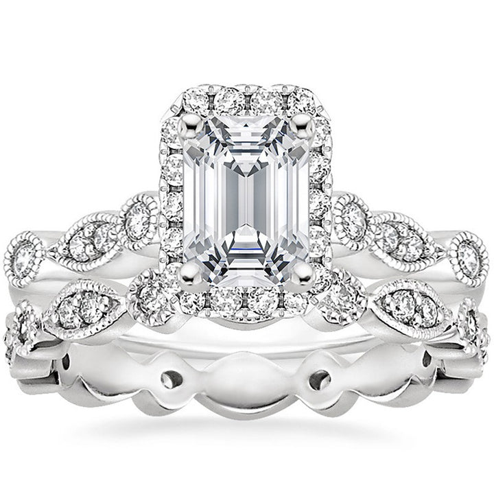 「Vintage Emerald Cut」18K Gold/Platinum Stackable Bridal Ring Set