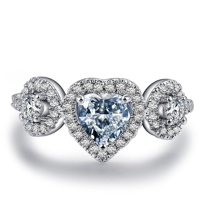 S925 Sterling Silver Three-Stone Halo Heart Ring