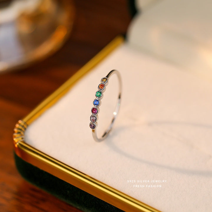Rainbow Glimmer S925 Sterling Silver Minimalist Rainbow Band Ring