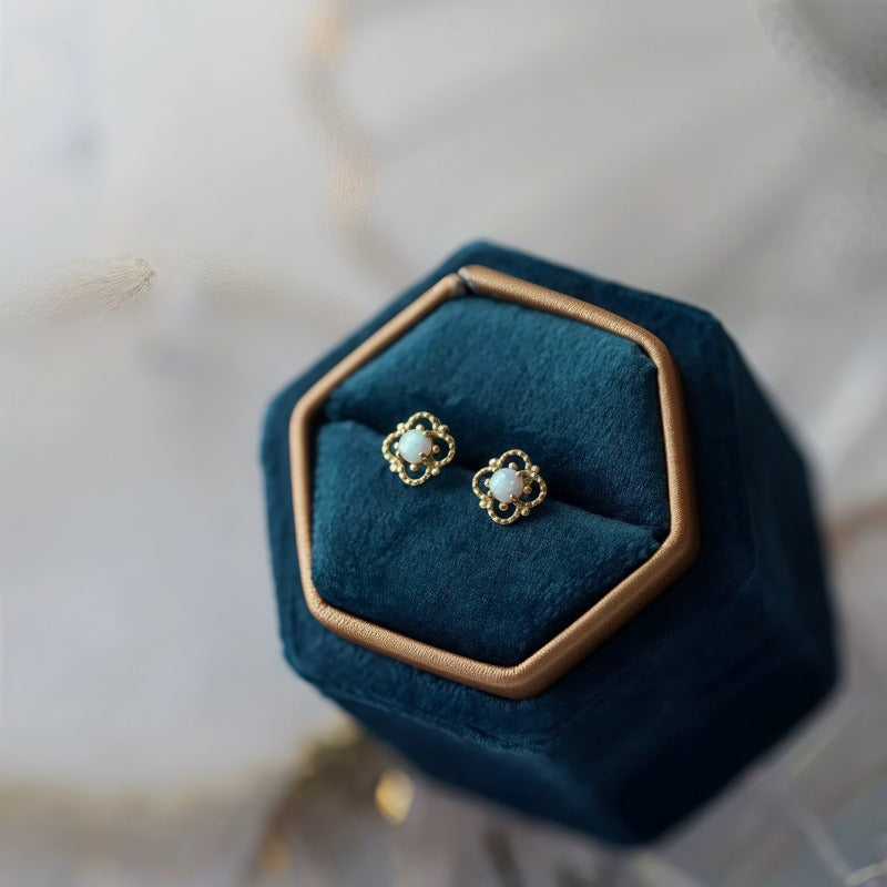 Dainty Lace Clover Opal Stud Earrings