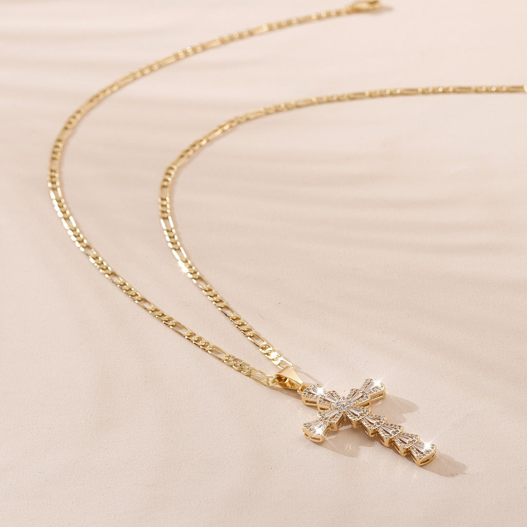 18K Gold / White Gold Baguette Cut CZ Cross Necklace