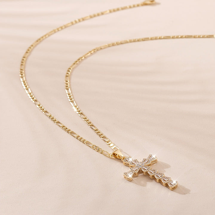 18K Gold / White Gold Baguette Cut CZ Cross Necklace