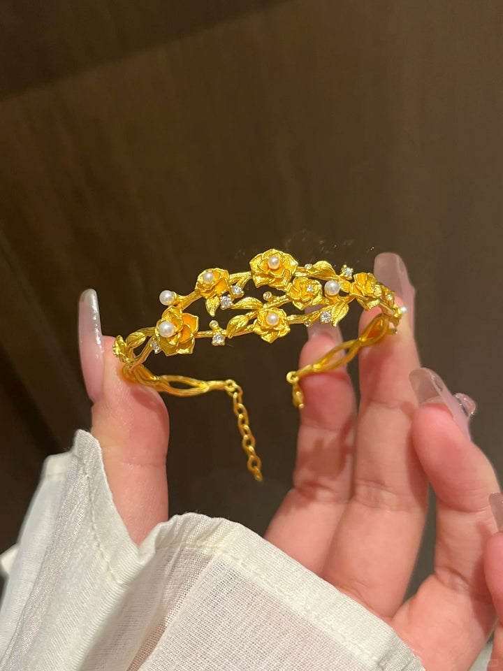 24K Gold Plated Vintage Embossed Rose Bracelet Collection