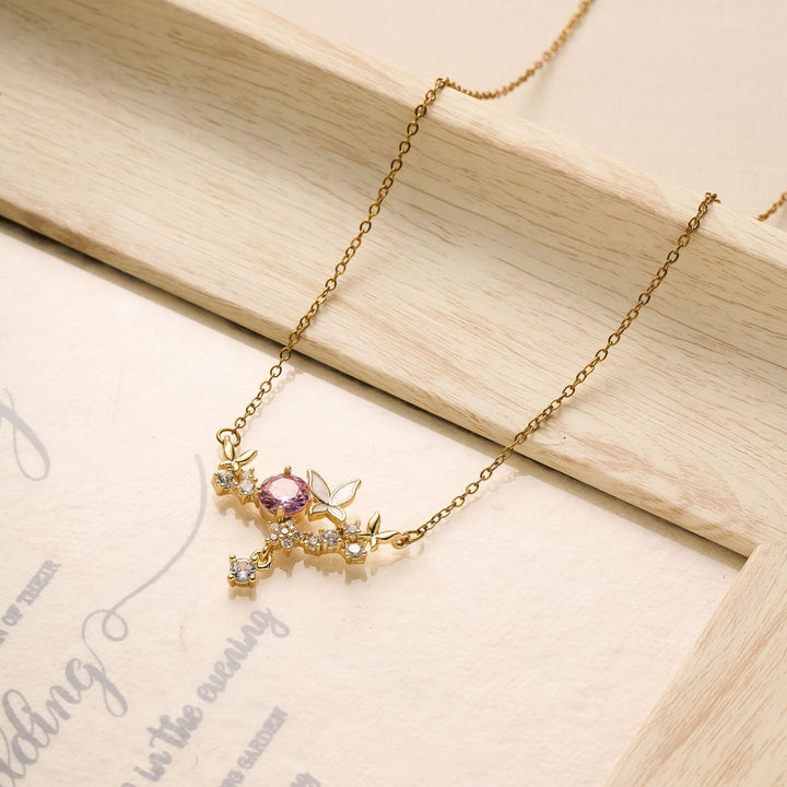 18K Gold / White Gold Pink CZ Butterfly Smile Necklace