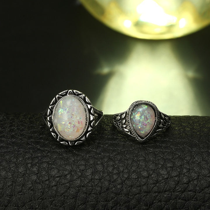 S925 Sterling Silver 7Pcs Vintage Carved Opal Ring Set