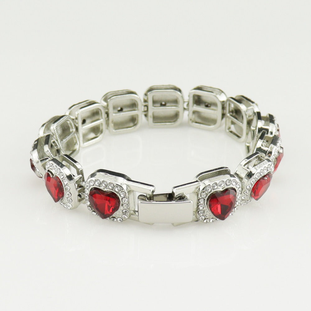 14K Gold / Silver Red Heart Halo Tennis Bracelet