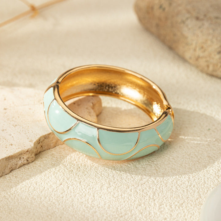 18K Gold Plated Vintage Enamel Wide Bangle Bracelet with Gold Outline