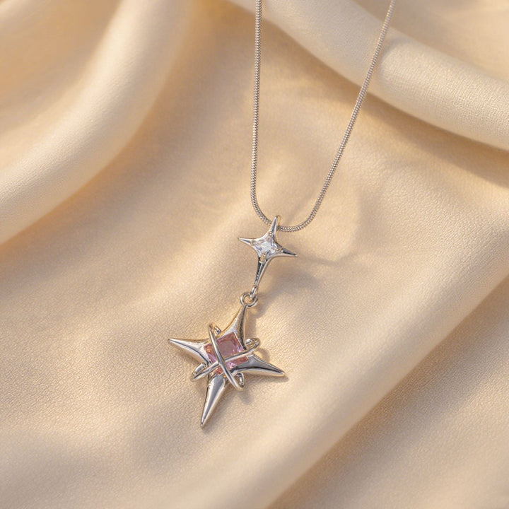 S925 Sterling Silver Double Star Pink Crystal Necklace