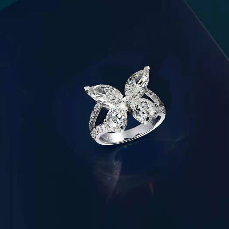 18K Gold Four-Stone Butterfly Open Ring Marquise CZ Adjustable Statement Ring