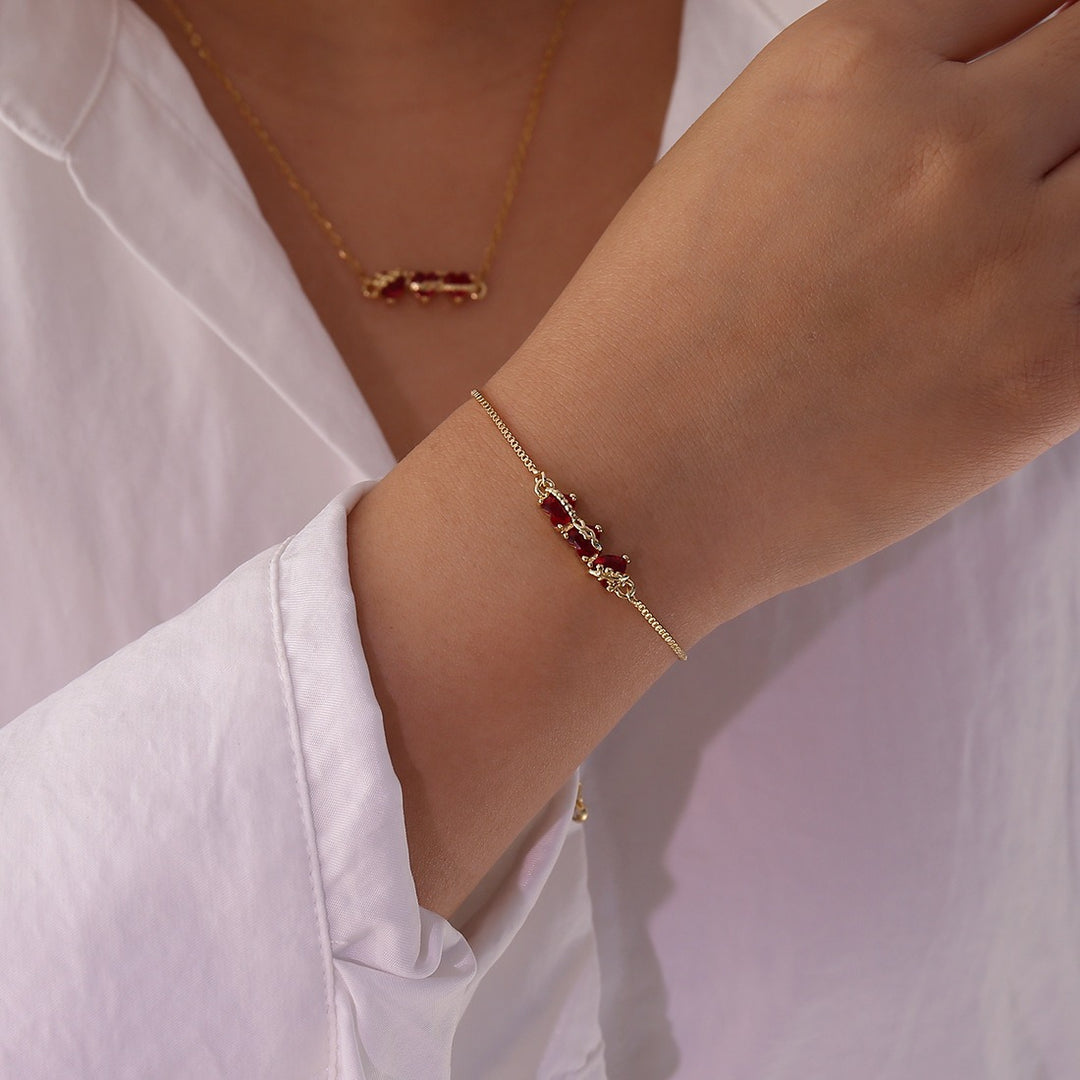 18K Gold Tri-Heart Necklace & Bracelet Colorful CZ Charm Chain