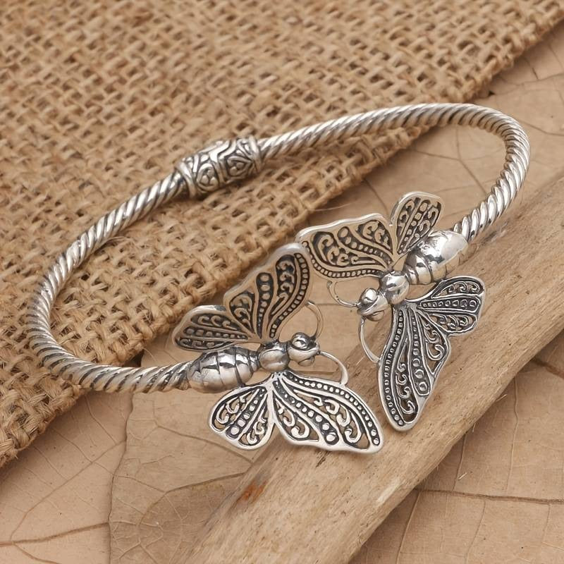 S925 Sterling Silver Twisted Texture Vintage Butterfly Open Cuff Bracelet