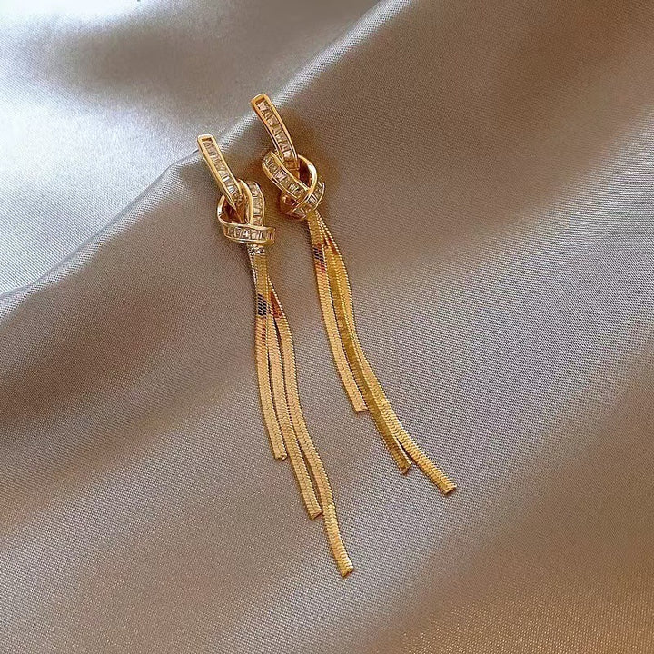 S925 Silver Baguette Knot Tassel Earrings Long Metal Chain Drop Earrings