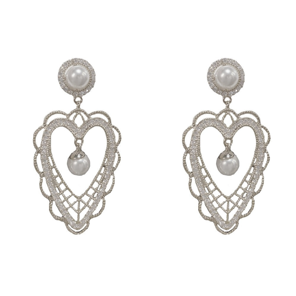 18K Gold & Silver Plated CZ Vintage Lace Heart Pearl Drop Earrings