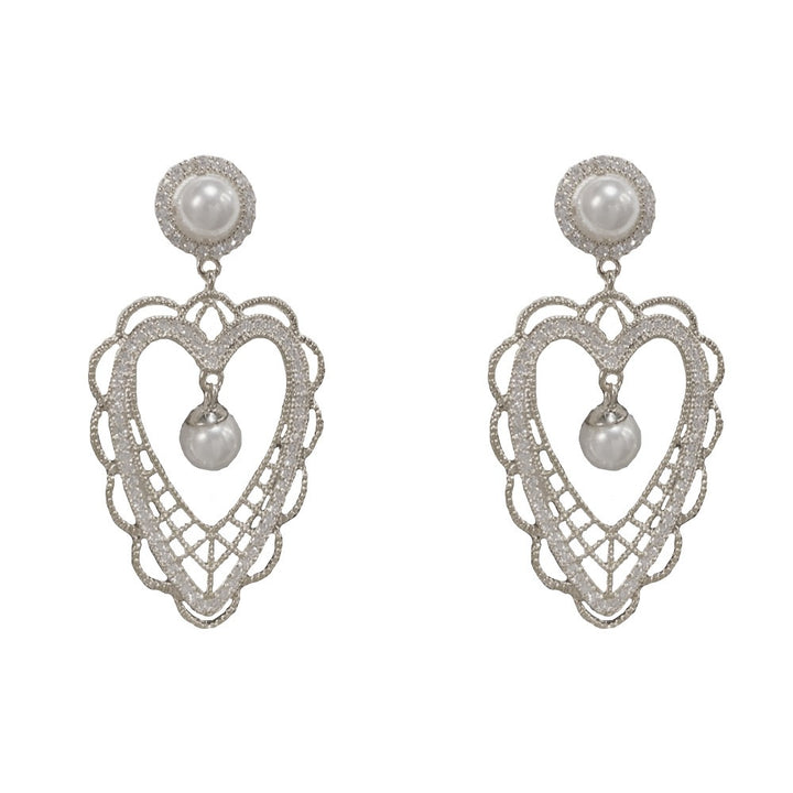 18K Gold & Silver Plated CZ Vintage Lace Heart Pearl Drop Earrings