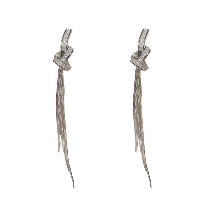 S925 Silver Baguette Knot Tassel Earrings Long Metal Chain Drop Earrings