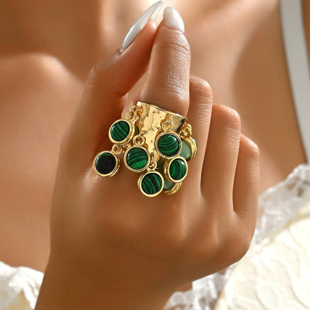 18K Gold Natural Stone Charm Open Ring Boho Vintage Wide Band Statement Ring